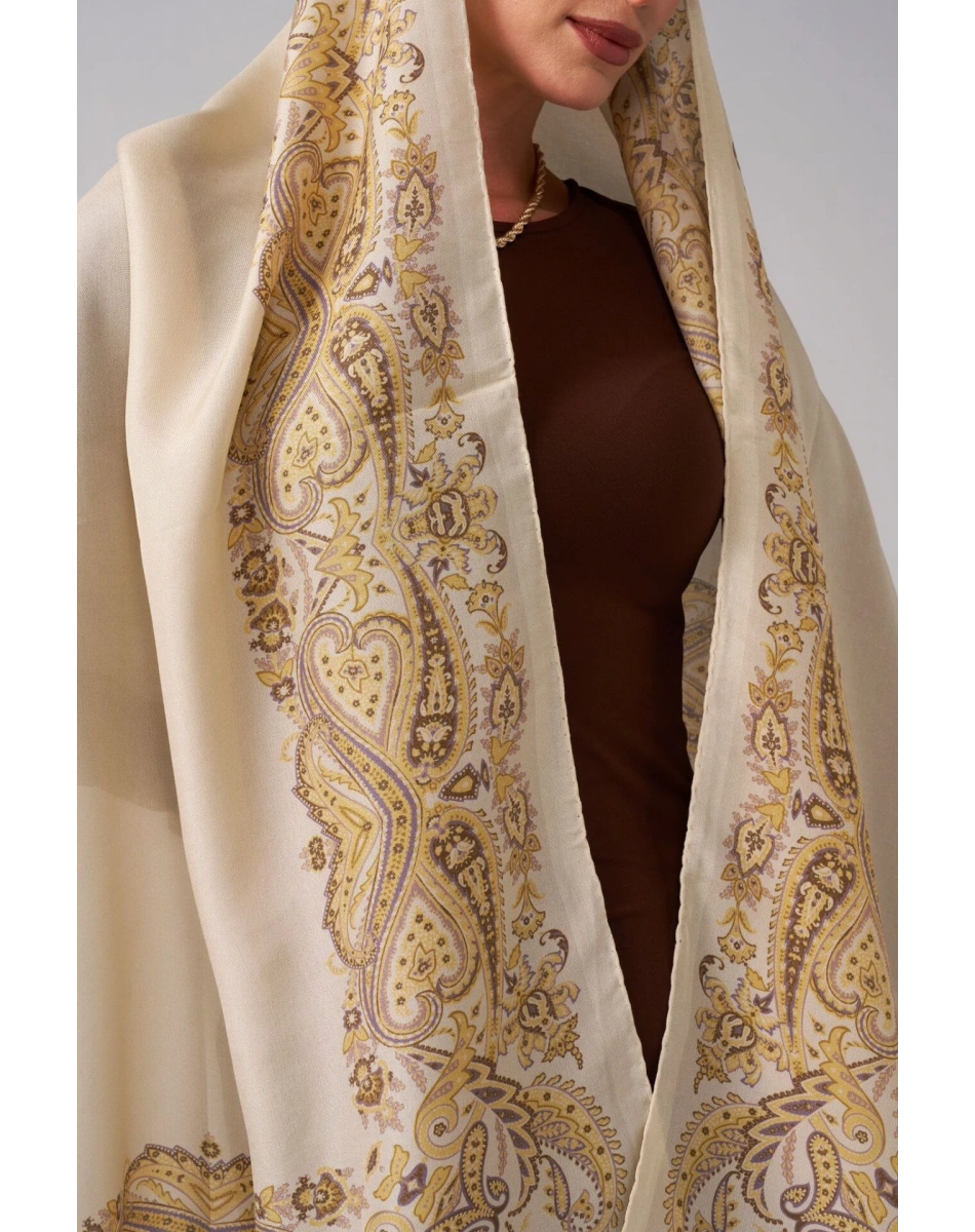 Wennora EleganceBlend Sarı Çerçevesi Etnik Desenli Şal