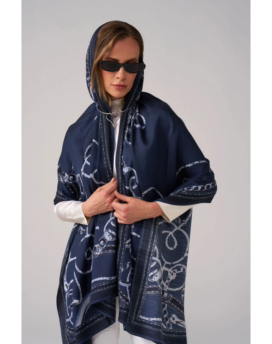 Wennora Lustre Lacivert Zincir Desenli Şal