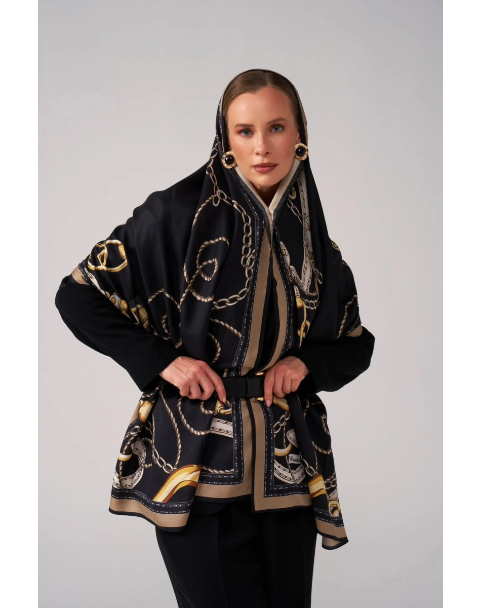 Wennora Lustre Siyah Zincir Desenli Şal