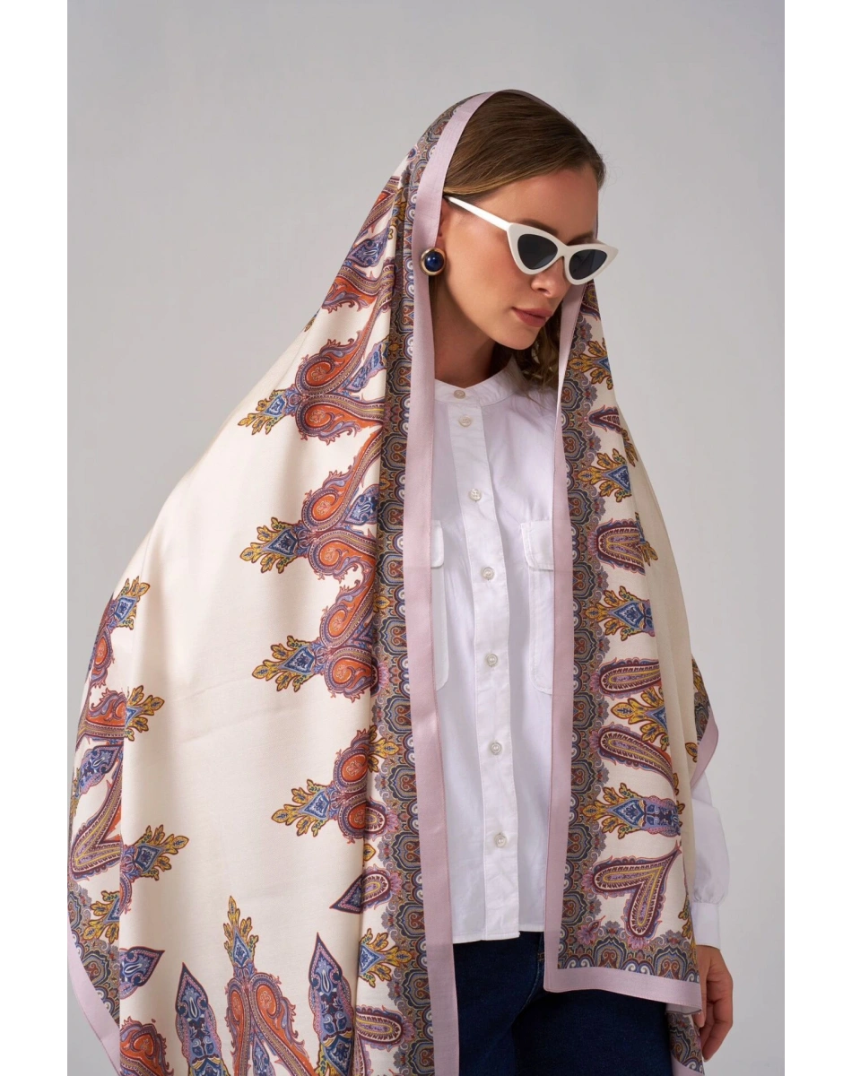 Wennora NuraShine Lila Çerçevesi Desenli Şal