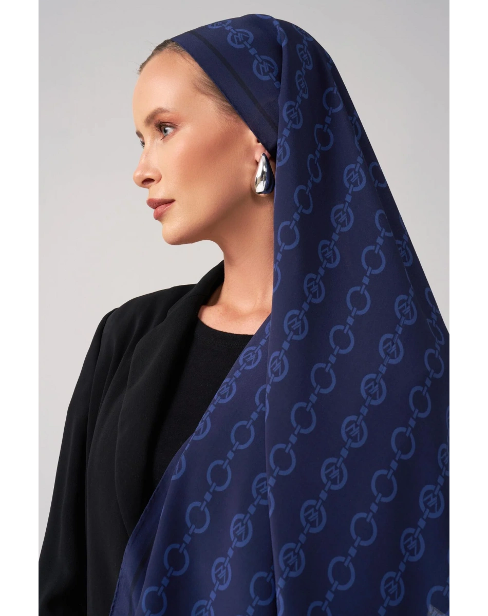 Wennora RoyalShine Lacivert Halka Zincir Desen Şal