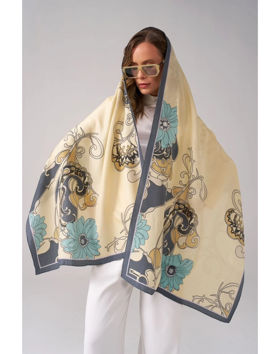 Wennora VelventBlend Gri Çiçek Desenli Şal