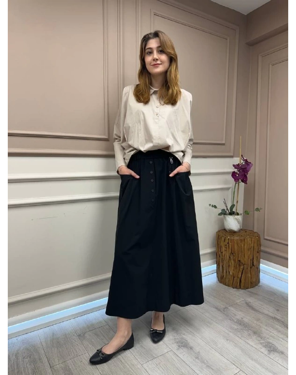 Yusuf Özdemir 1565 Siyah Düğme Ve Cep Detaylı Etek