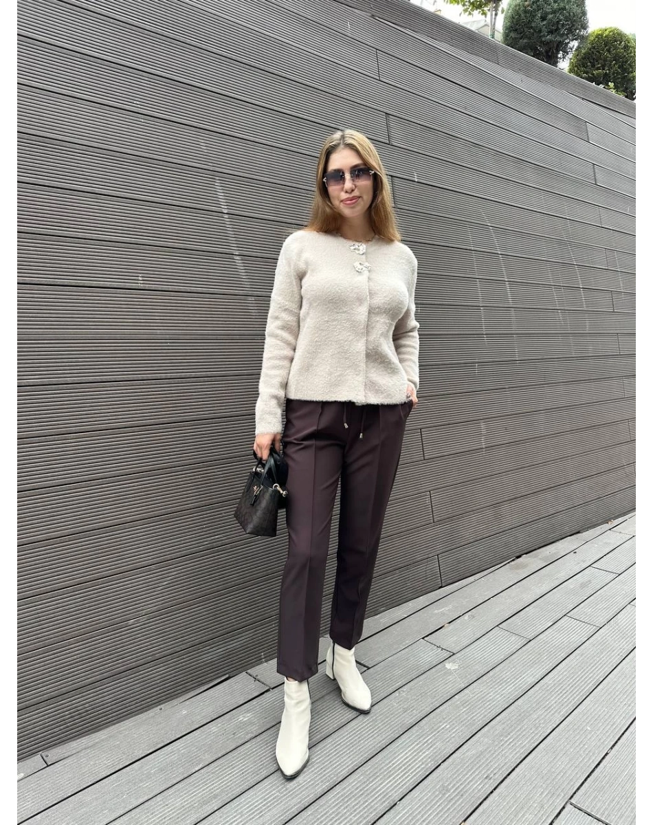 Yusuf Özdemir 23Y1360 Kahve Belden Bağlamalı Kumaş Pantolon