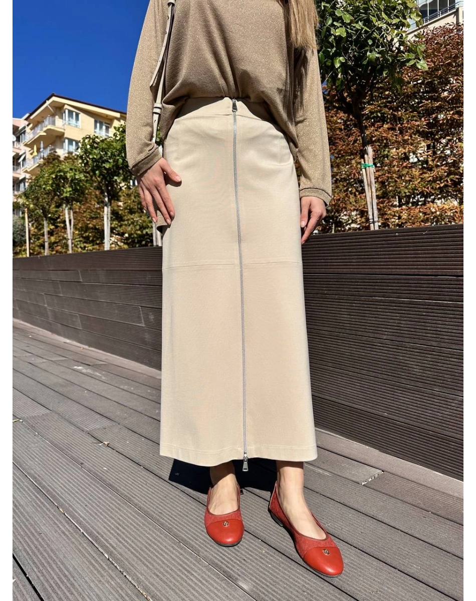 Yusuf Özdemir 24K1491 Bej Önden Fermuarlı Etek