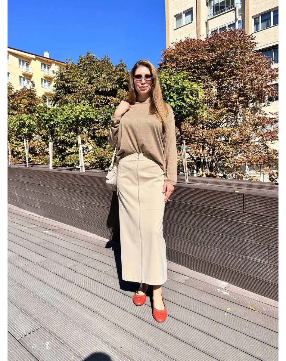 Yusuf Özdemir 24K1491 Bej Önden Fermuarlı Etek