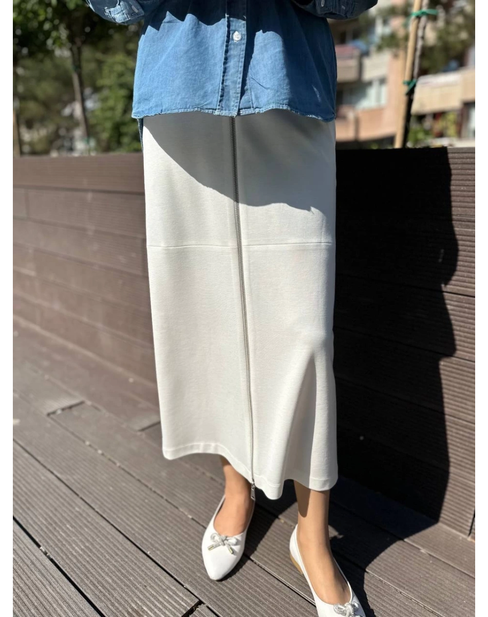 Yusuf Özdemir 24K1491 Beyaz Önden Fermuarlı Etek