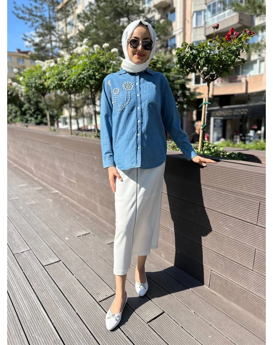 Yusuf Özdemir 24K1491 Beyaz Önden Fermuarlı Etek