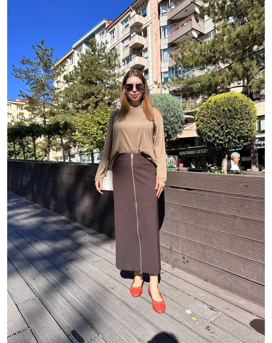 Yusuf Özdemir 24K1491 Kahverengi Önden Fermuarlı Etek