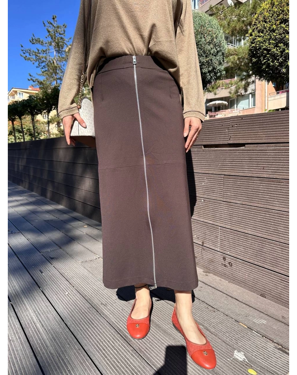 Yusuf Özdemir 24K1491 Kahverengi Önden Fermuarlı Etek