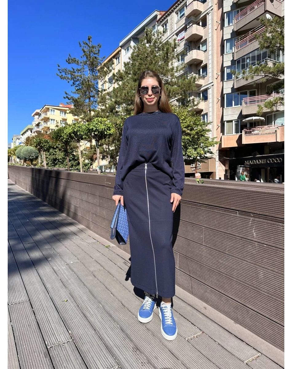 Yusuf Özdemir 24K1491 Lacivert Önden Fermuarlı Etek