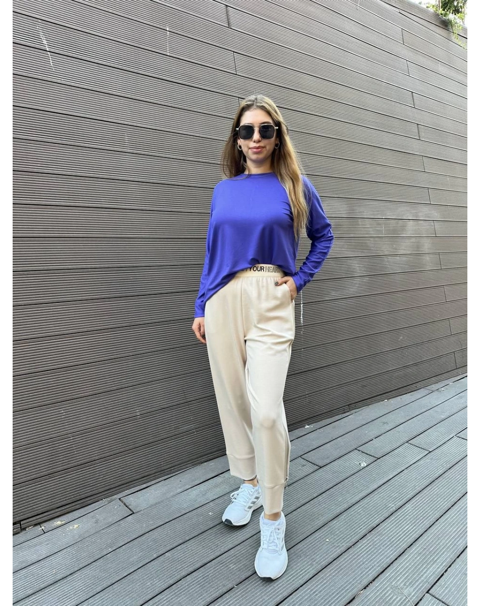 Yusuf Özdemir 24Y1494 Bej Modal Kumaş Fermuar Detaylı Eşofman