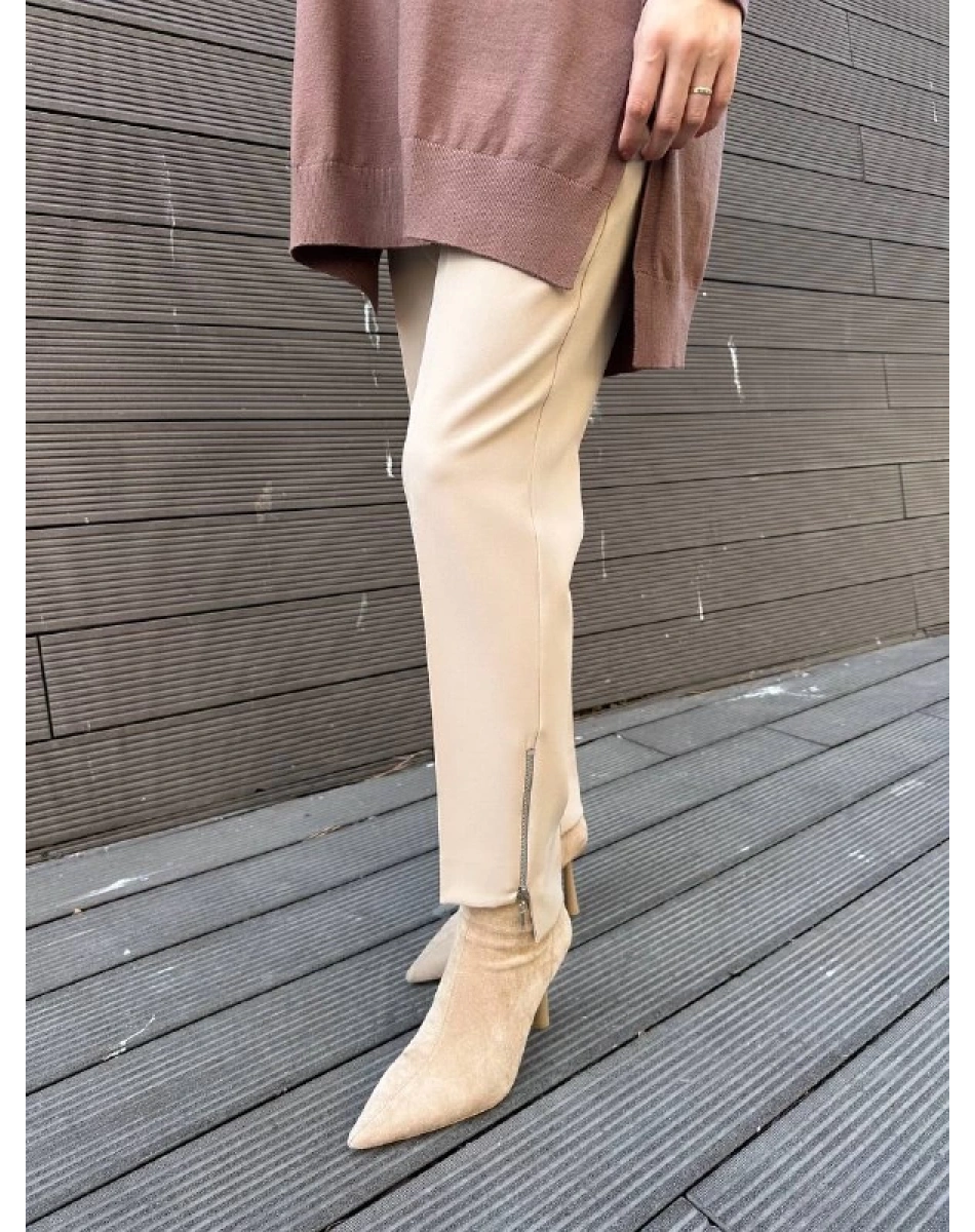 Yusuf Özdemir 25K1101 Krem Paçası Fermuarlı Pantolon