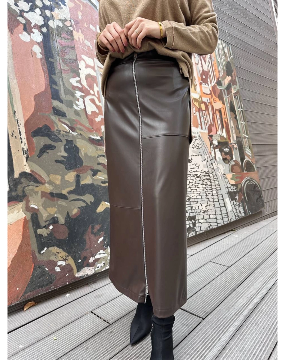 Yusuf Özdemir 25K1488 Kahverengi Fermuarlı Deri Etek