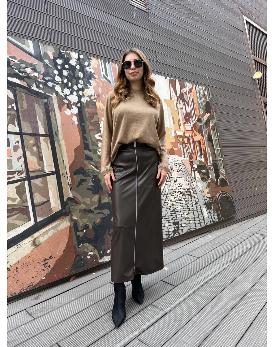 Yusuf Özdemir 25K1488 Kahverengi Fermuarlı Deri Etek