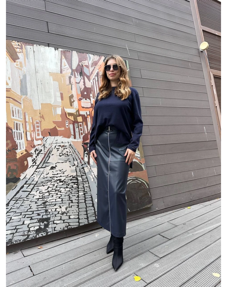 Yusuf Özdemir 25K1488 Lacivert Fermuarlı Deri Etek