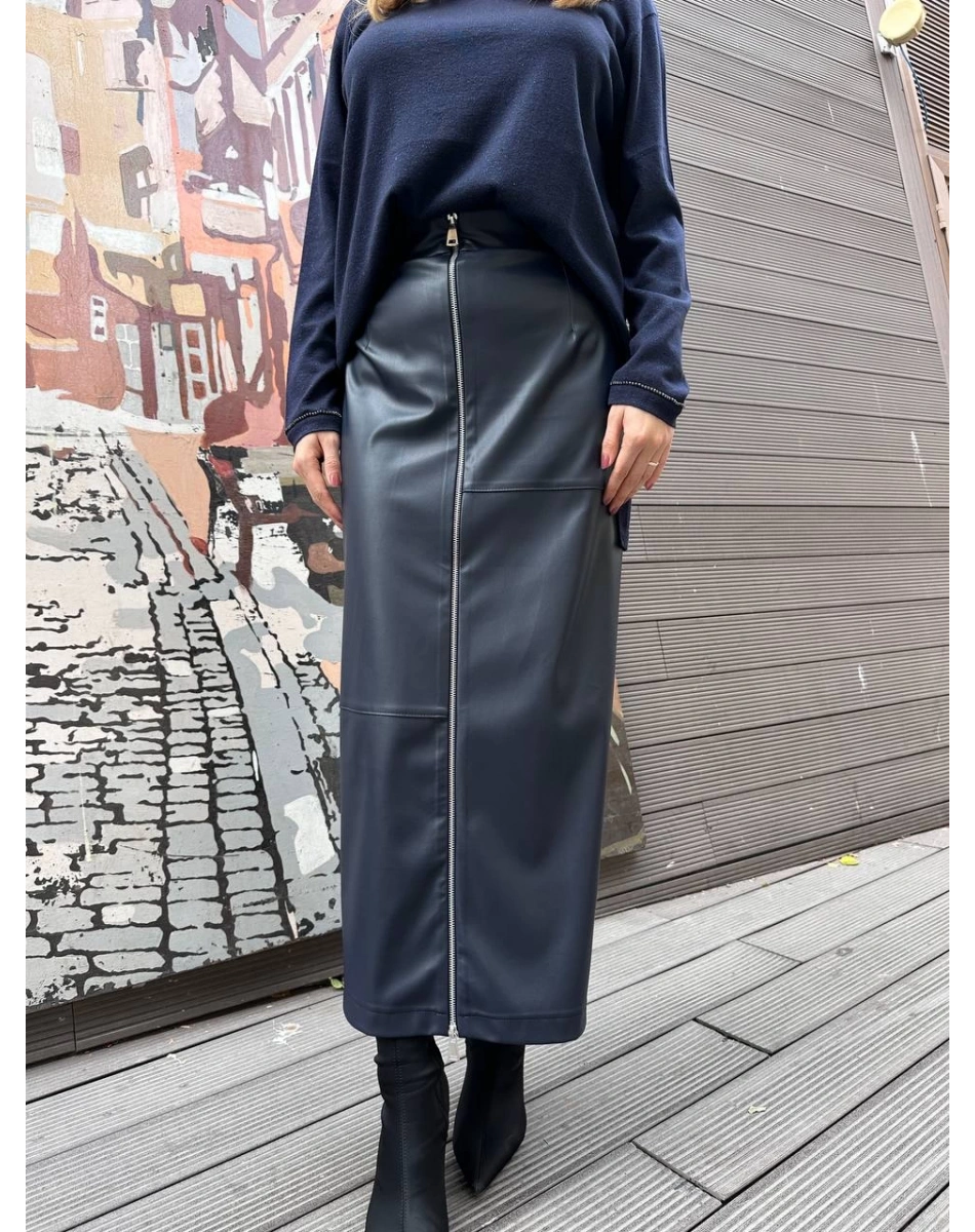 Yusuf Özdemir 25K1488 Lacivert Fermuarlı Deri Etek