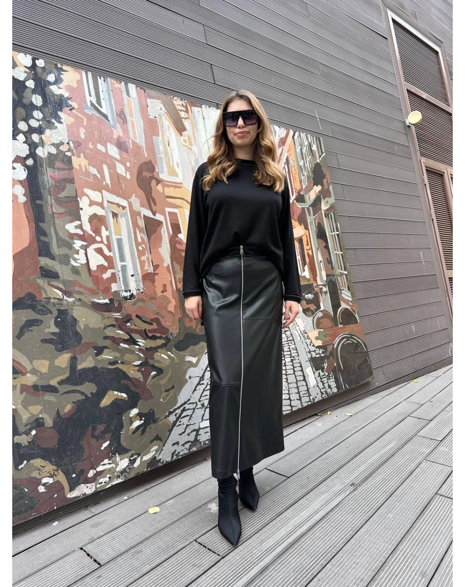 Yusuf Özdemir 25K1488 Siyah Fermuarlı Deri Etek