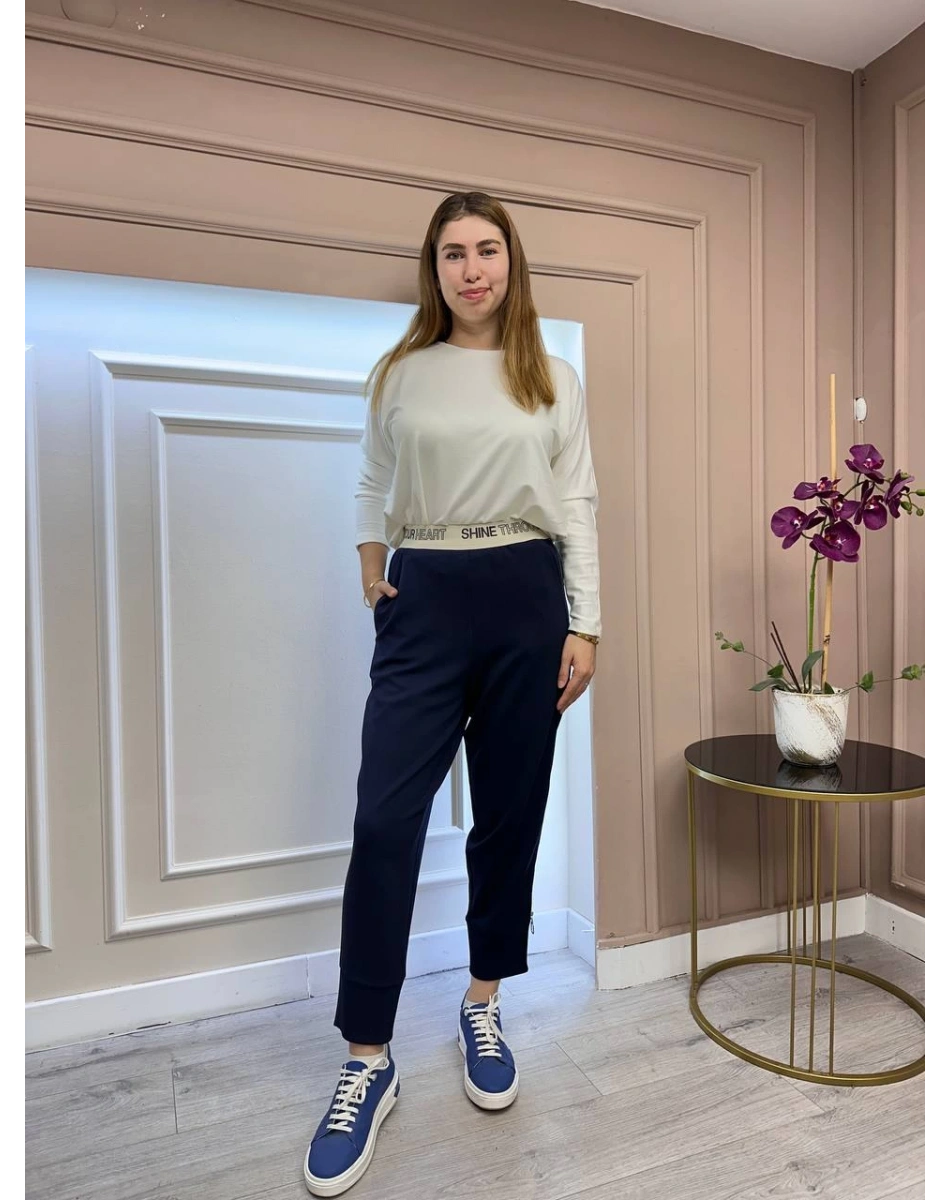 Yusuf Özdemir 25K1494 Lacivert Beli Lastikli Yanı Fermuarlı Penye Pantolon