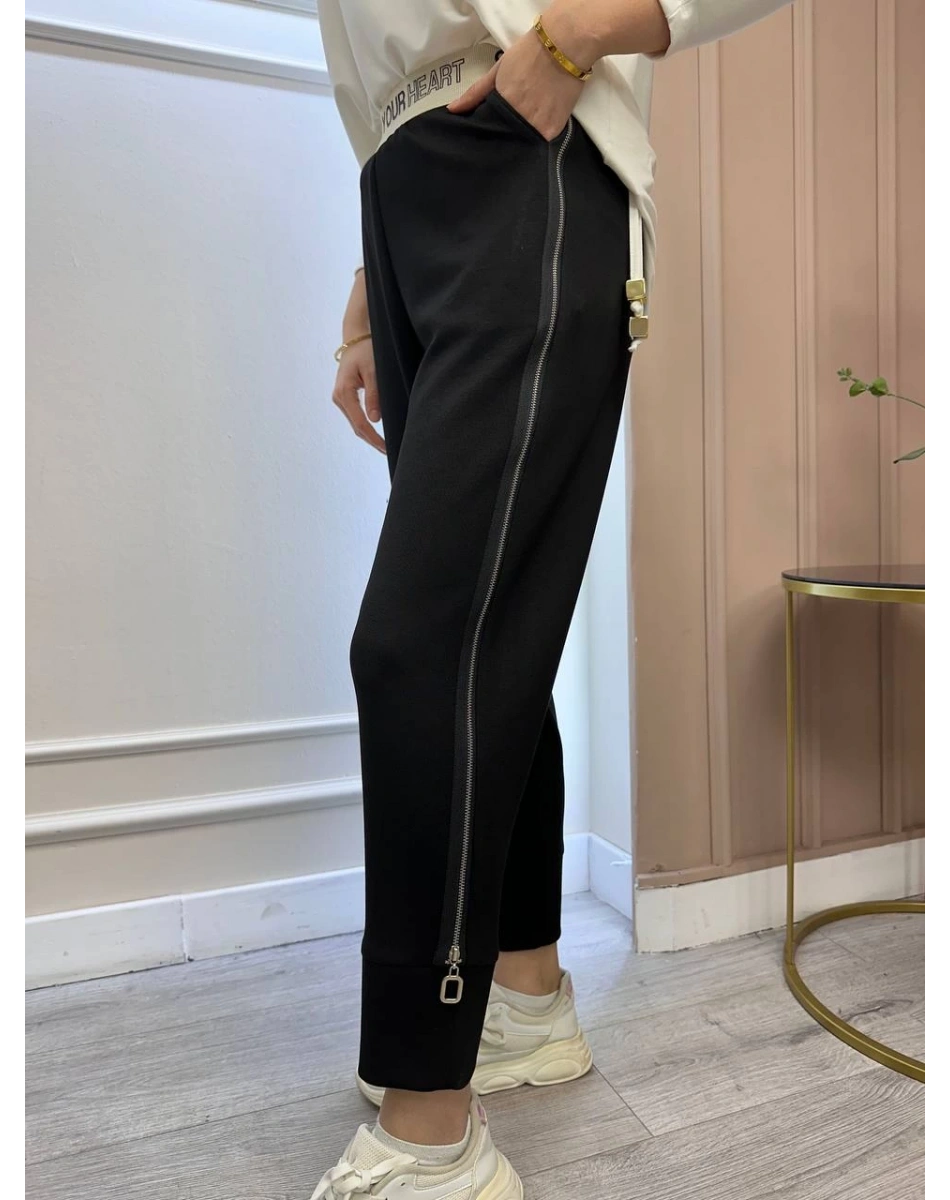 Yusuf Özdemir 25K1494 Siyah Beli Lastikli Yanı Fermuarlı Penye Pantolon