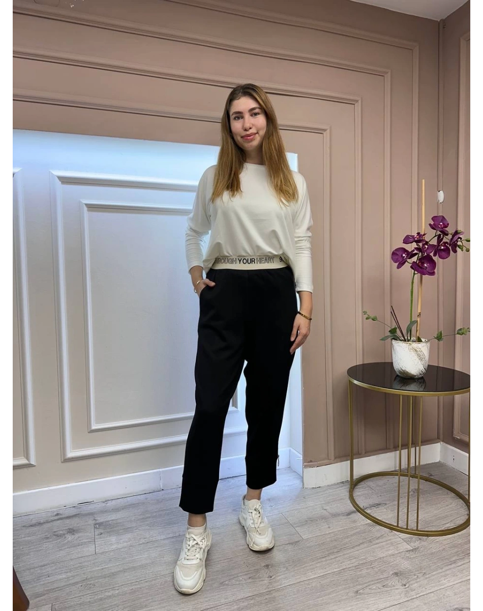 Yusuf Özdemir 25K1494 Siyah Beli Lastikli Yanı Fermuarlı Penye Pantolon