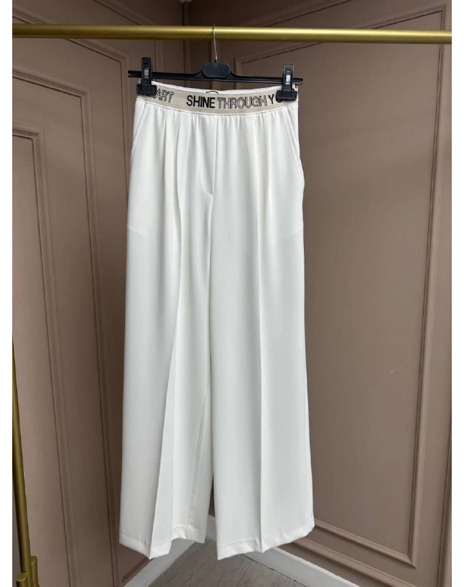 Yusuf Özdemir 25K1497 Beyaz Krep Bol Paça Pantolon