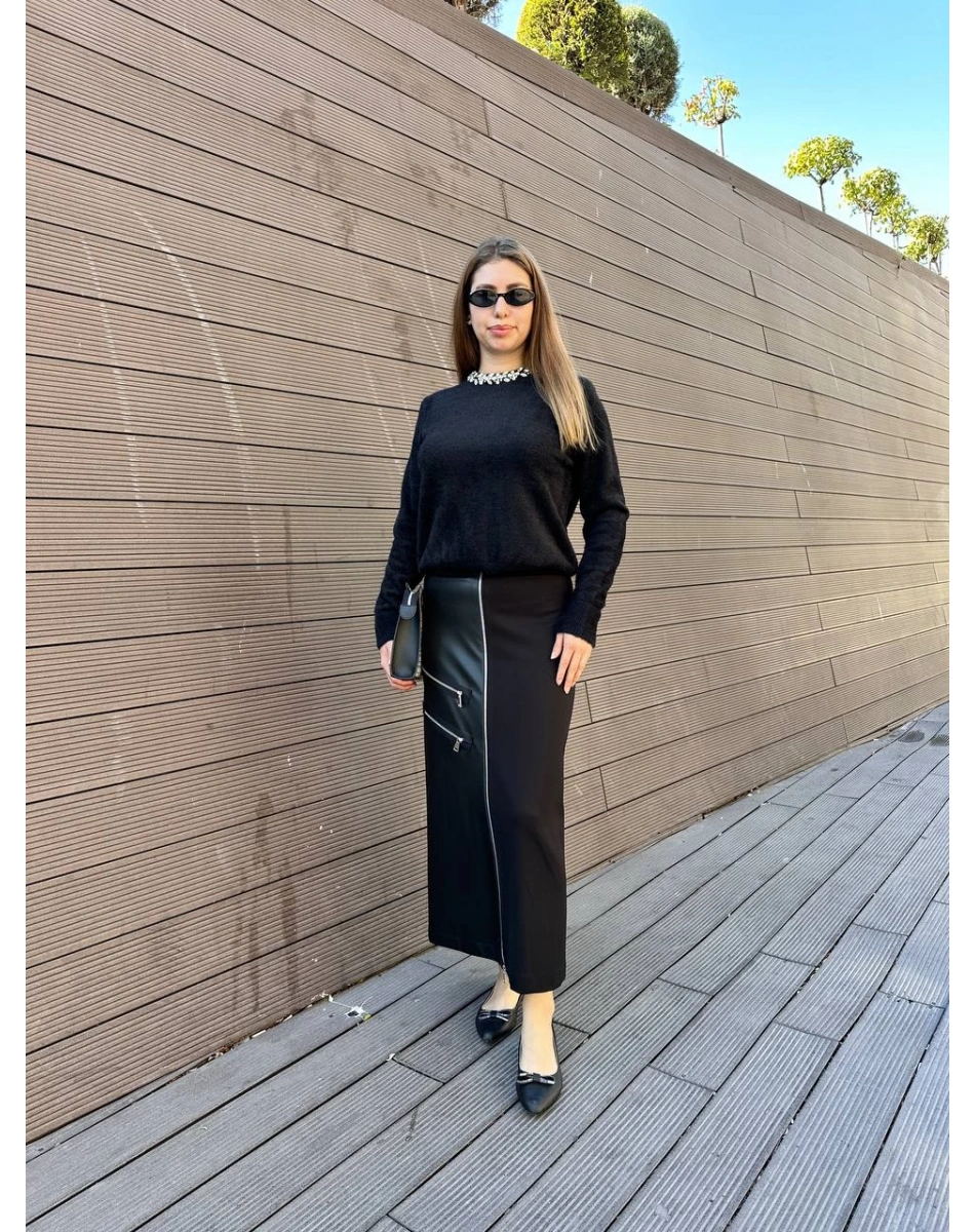 Yusuf Özdemir 25K1526 Siyah Fermuar Detaylı Deri Etek