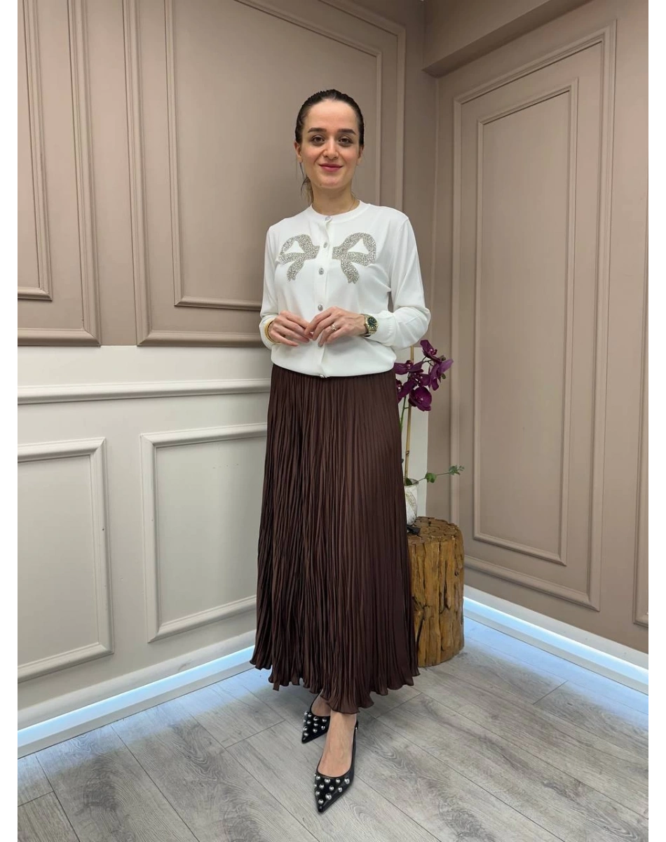 Yusuf Özdemir 25Y1504 Kahve Saten Görünümlü Etek