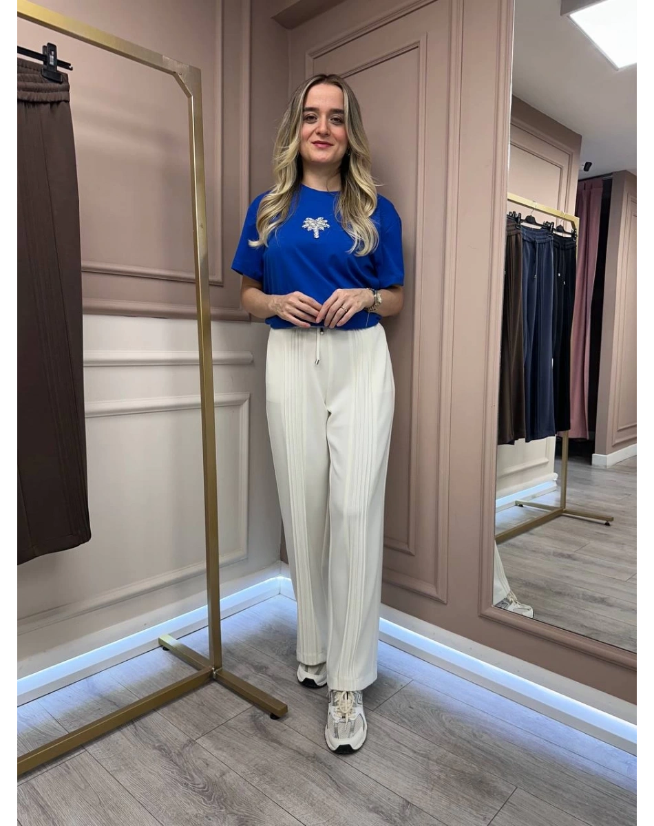 Yusuf Özdemir 25Y1569 Ekru Nervür Detaylı Pantolon