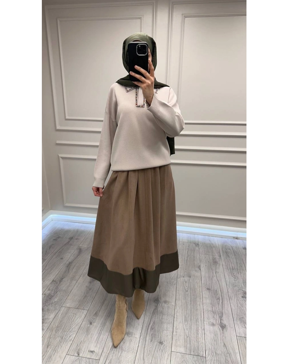 Yusuf Özdemir 26K1601 Sütlü Kahve Süet Etek Ucu Detaylı Etek