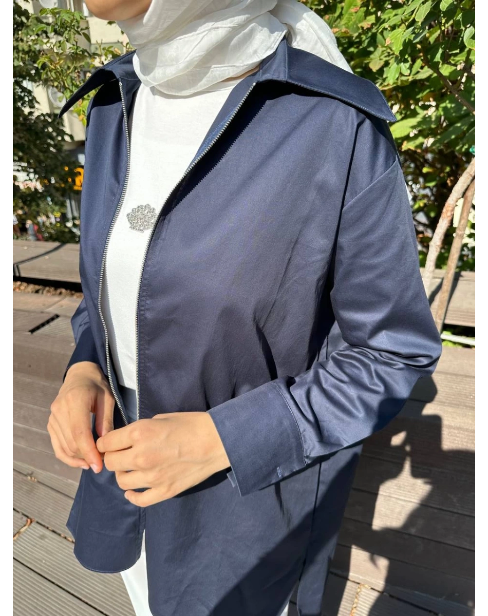 Zeynep Şule 10006 Lacivert Pamuk Fermuarlı Gömlek