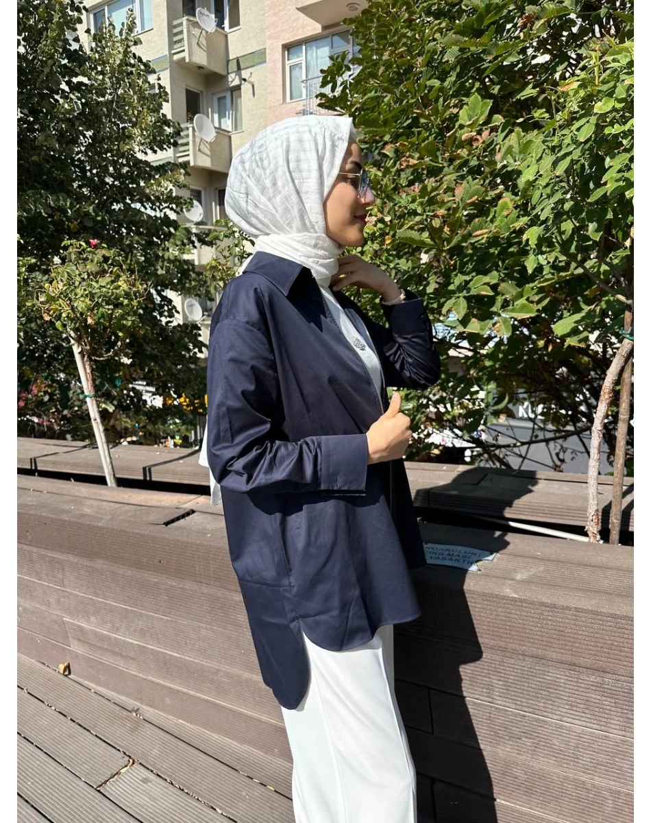 Zeynep Şule 10006 Lacivert Pamuk Fermuarlı Gömlek