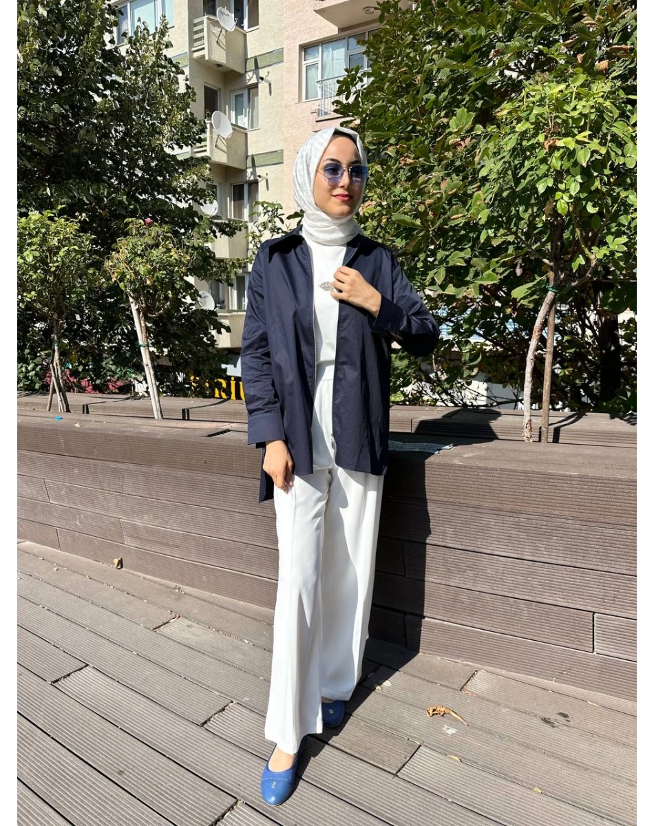 Zeynep Şule 10006 Lacivert Pamuk Fermuarlı Gömlek