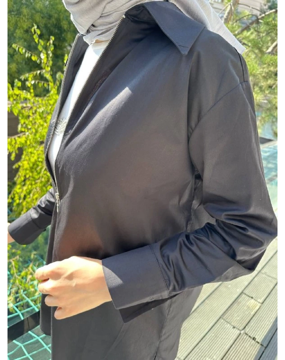 Zeynep Şule 10006 Siyah Pamuk Fermuarlı Gömlek