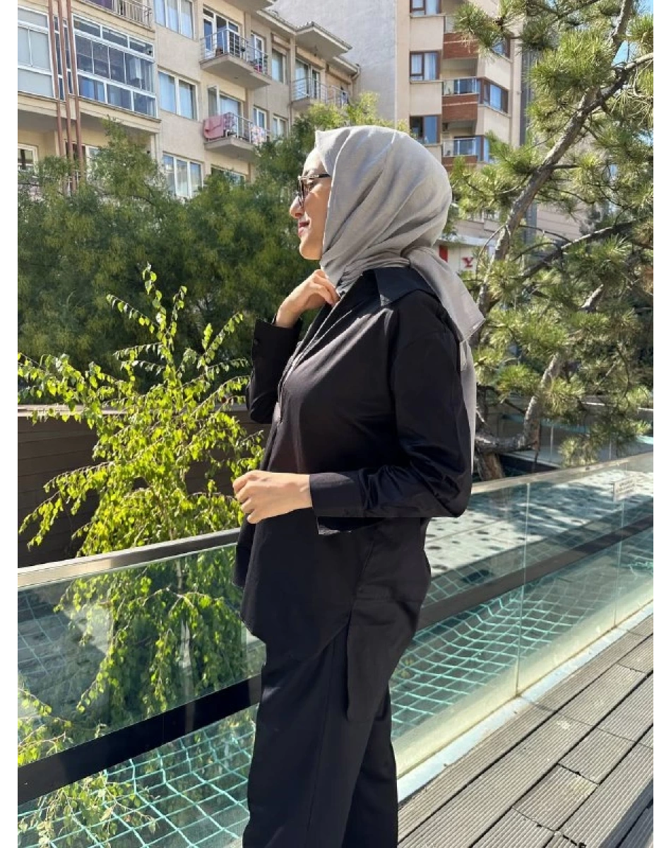 Zeynep Şule 10006 Siyah Pamuk Fermuarlı Gömlek