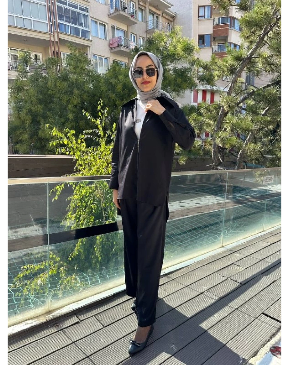 Zeynep Şule 10006 Siyah Pamuk Fermuarlı Gömlek