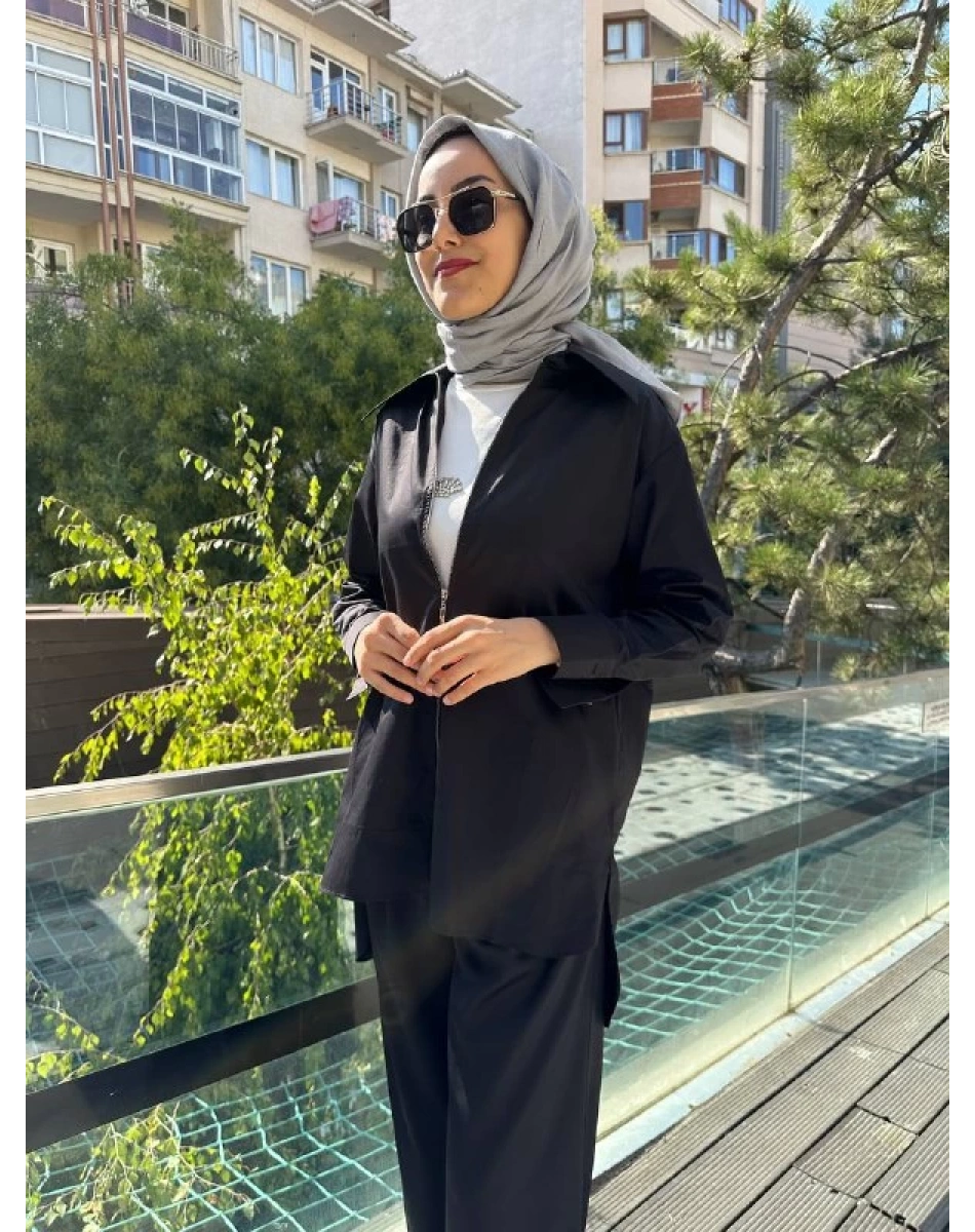 Zeynep Şule 10006 Siyah Pamuk Fermuarlı Gömlek