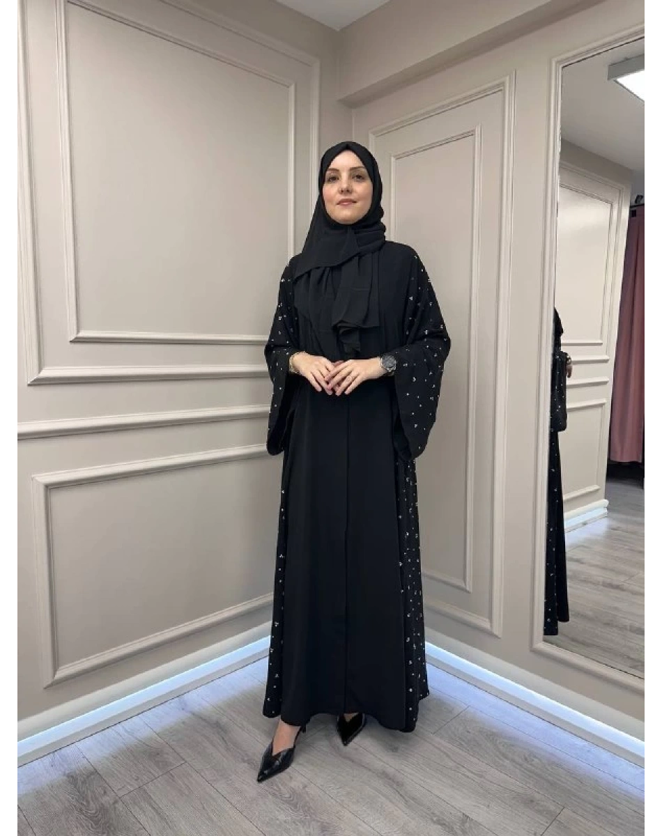 Zigay 1011 Siyah Kolları Ve Yanları Taşlı Abaya