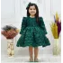 Kız Çocuk Zümrüt Yeşili Gül Detaylı Kabarık Elbise