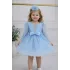 Kız Çocuk Bebe Mavisi Boncuklu Payetli Dekolteli Uzun Kol Kabarık Elbise