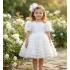 Kız Çocuk Beyaz Gül Desenli ve Boncuklu Kısa Balon Kol