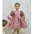 Kız Çocuk Gül Kurusu Gül Desenli ve Boncuklu Kısa Balon Kol