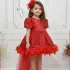 Kız Çocuk Kırmızı Arkası Tüylü Kısa Balon Kol Elbise Abiye