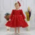 Kız Çocuk Kırmızı Uzun Kol Gül Detaylı Kabarık Elbise