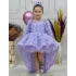 Kız Çocuk Lila Gül Desenli Kuyruklu Uzun Kol Ön Şeffaf Elbise Abiye