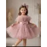 Kız Çocuk Pudra Şeffaf Üst Tül Detaylı Kemerli Kabarık Elbise