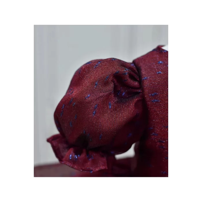 Kız Çocuk Bordo Organze Parıltılı Desenli Kloş Balon Kol Kabarık Elbise