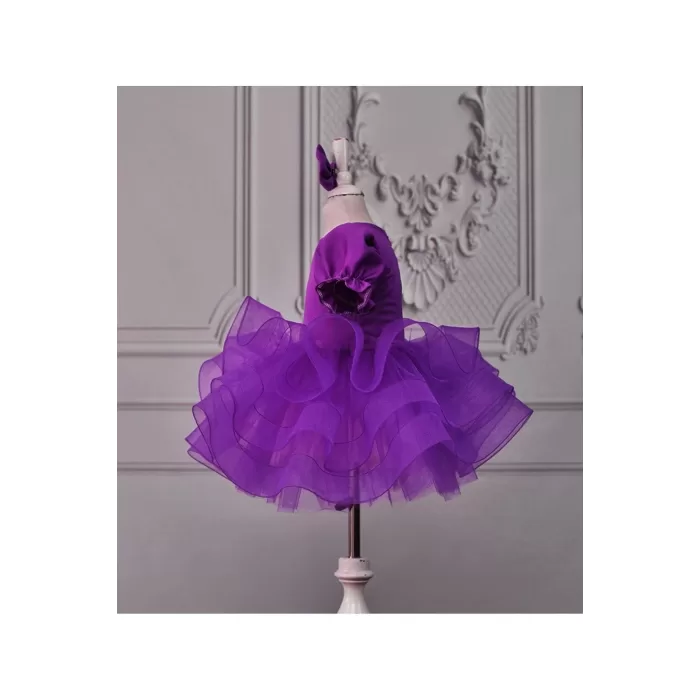 Kız Çocuk Mor Saten Balon Kol Grenli Kabarık Elbise