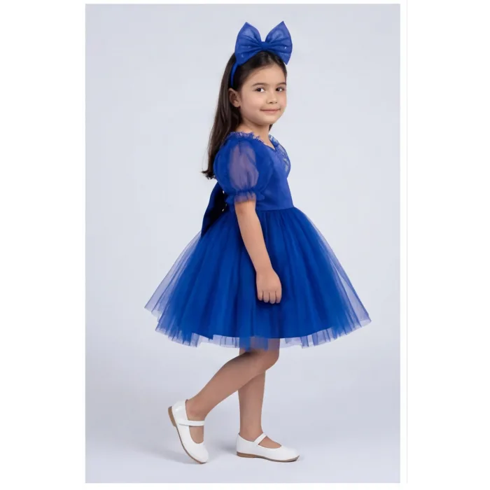 Kız Çocuk Saks Mavisi Kalp Detaylı Kısa Balon Kol Kabarık Elbise