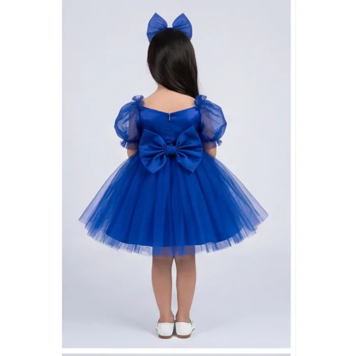 Kız Çocuk Saks Mavisi Kalp Detaylı Kısa Balon Kol Kabarık Elbise